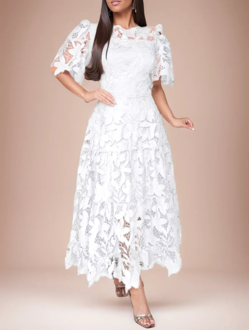 Vestido longo formal plus size, de renda sexy, vazado, com barra mullet e mangas curtas, azul royal