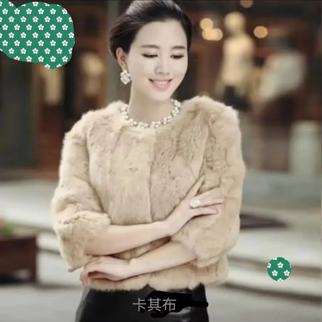 2024 New Women's Real Fur Coat High-waist Round Collar Cardigan Long-sleeved Slim Fit  Rabbit   Jacket Women T197
