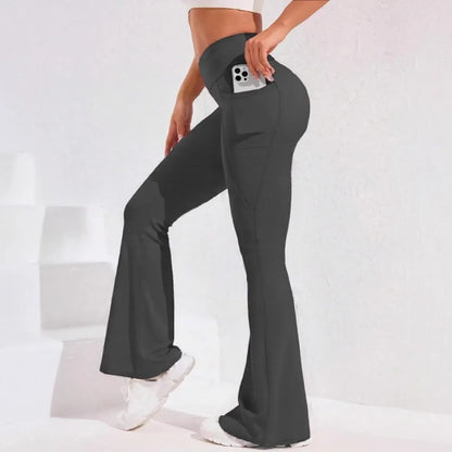Calça Legging Yoga Feminina Cintura Alta Flare com Bolso Empina Bumbum Calça de Corrida Perna Larga Calça para Academia Esportes ao Ar Livre Ciclismo