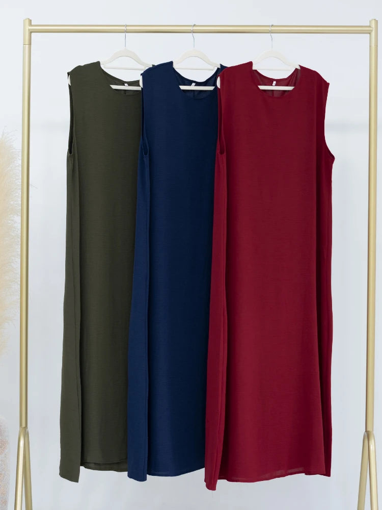 Vestido Muçulmano Abaya Sem Mangas, Vestido Interno Feminino, Cor Sólida, Roupa de Baixo, Vestido Longo, Kaftan Simples de Ramadã, Vestidos Árabes