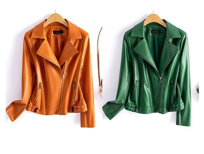 Jaqueta de couro legítimo feminina estilo streetwear, segunda camada em pele de carneiro, casaco curto, outono inverno, verde, motoqueira, agasalho casual