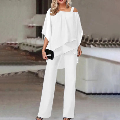 Women Trousers Sets Two Pieces Sale Sexy Off Shoulder Half Batwing Sleeve Blouse&OL Wide Leg Loose Pant Suits NMD-6666