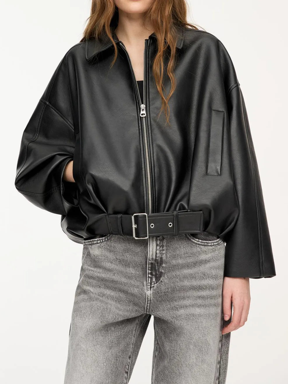 Jaqueta de Couro Feminina KIDCRKJ Moda Primavera com Gola Entalhada, Zíper, Manga Longa, Casaco Feminino de PU com Amarração, Sobretudo Solto
