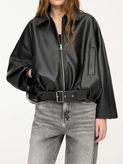 Jaqueta de Couro Feminina KIDCRKJ Moda Primavera com Gola Entalhada, Zíper, Manga Longa, Casaco Feminino de PU com Amarração, Sobretudo Solto