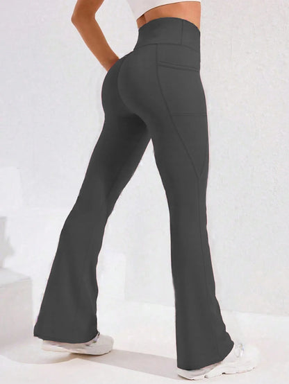 Calça Legging Yoga Feminina Cintura Alta Flare com Bolso Empina Bumbum Calça de Corrida Perna Larga Calça para Academia Esportes ao Ar Livre Ciclismo
