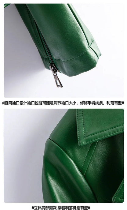 Jaqueta de couro legítimo feminina estilo streetwear, segunda camada em pele de carneiro, casaco curto, outono inverno, verde, motoqueira, agasalho casual