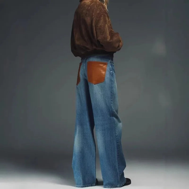 Deeptown Baggy Women Blue Jeans Vintage Casual PU Leather Brown Patchwork Straight Denim Trousers Classic Basic Chic Female Jean