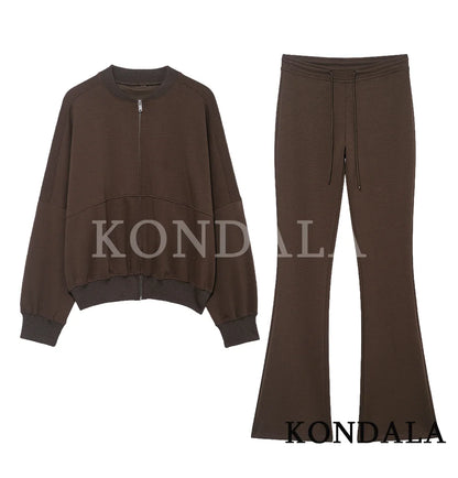 KONDALA Sports Casual Pants Set Women Vintage Brown Zipper Bomber Jacket, Flared Pants 2 Pieces Set 2026 Spring Trendy Chic Set