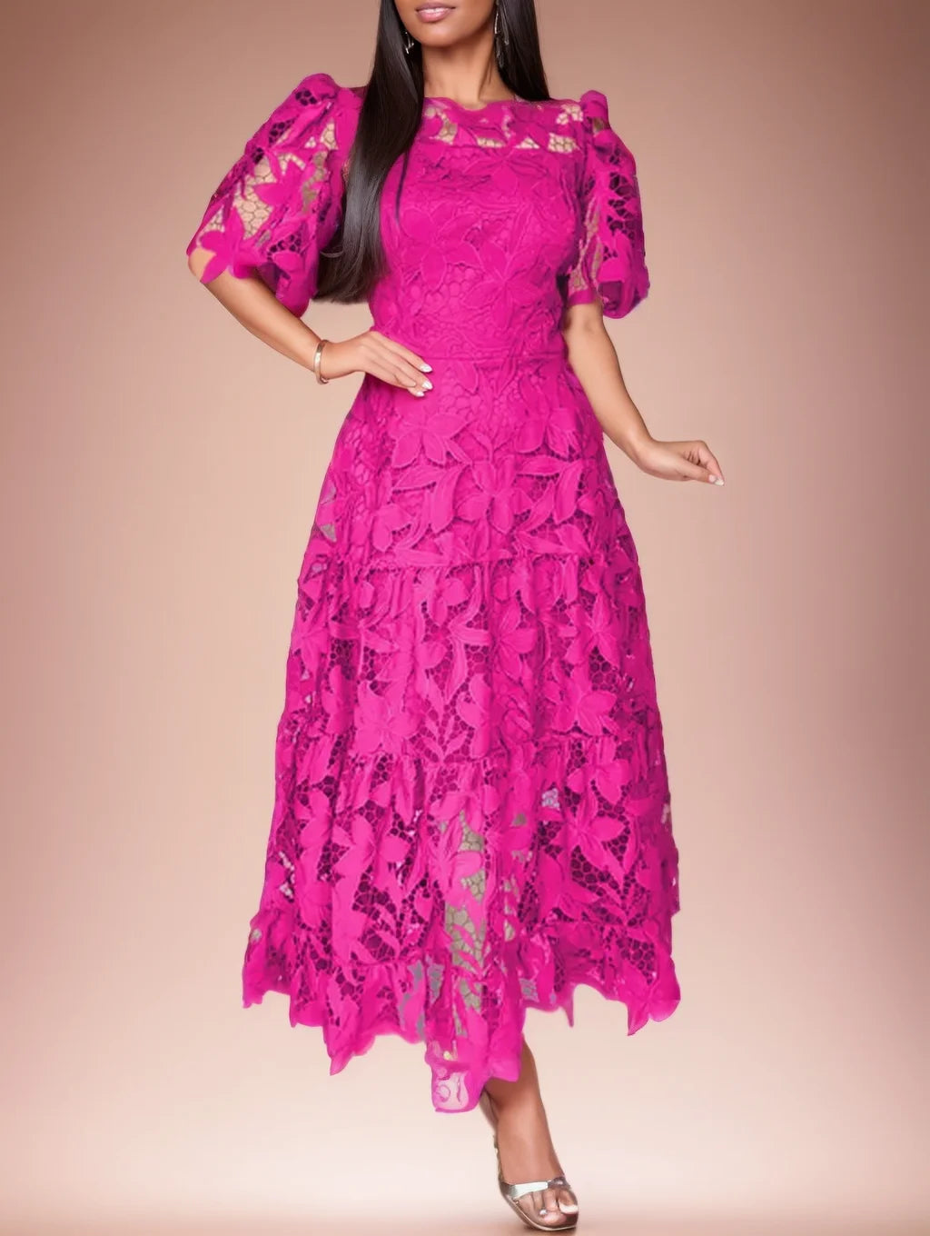Vestido longo formal plus size, de renda sexy, vazado, com barra mullet e mangas curtas, azul royal