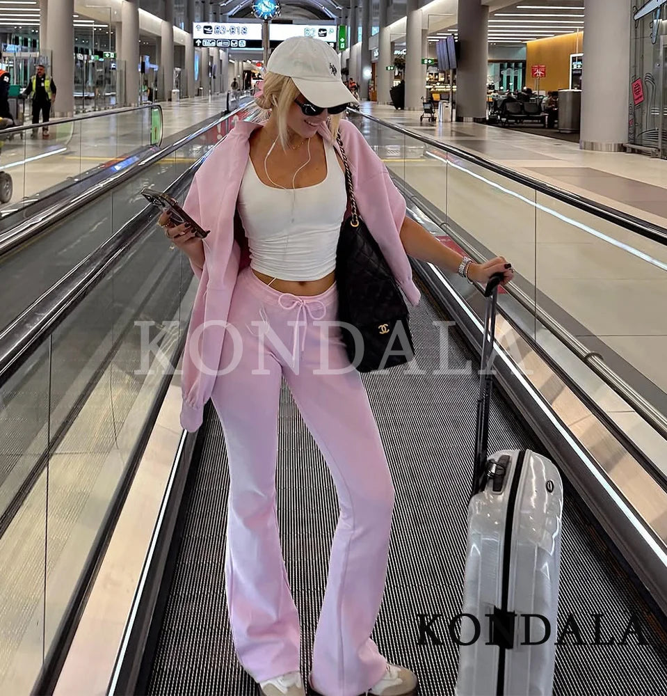 KONDALA Sports Casual Pants Set Women Vintage Brown Zipper Bomber Jacket, Flared Pants 2 Pieces Set 2026 Spring Trendy Chic Set