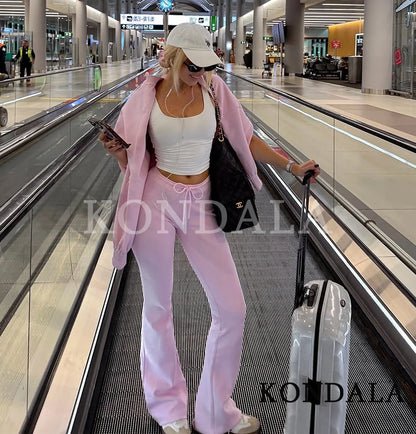 KONDALA Sports Casual Pants Set Women Vintage Brown Zipper Bomber Jacket, Flared Pants 2 Pieces Set 2026 Spring Trendy Chic Set
