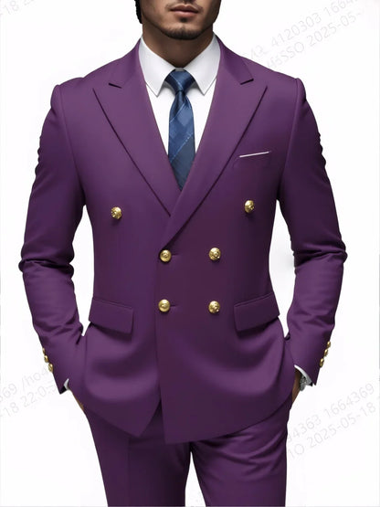 Moda Novos Homens Lazer Boutique Negócios Banquete Cor Sólida Casamento Terno Slim Fit Abotoamento Duplo Blazers Calças