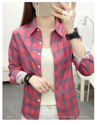 2024Spring and Autumn New College Style Women's Long sleeved Bottom Top Cardigan Long sleeved Fashion Plaid Shirt