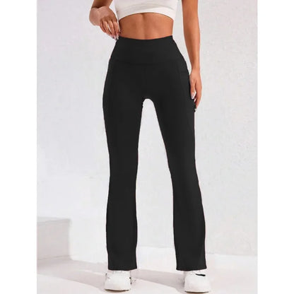 Calça Legging Yoga Feminina Cintura Alta Flare com Bolso Empina Bumbum Calça de Corrida Perna Larga Calça para Academia Esportes ao Ar Livre Ciclismo