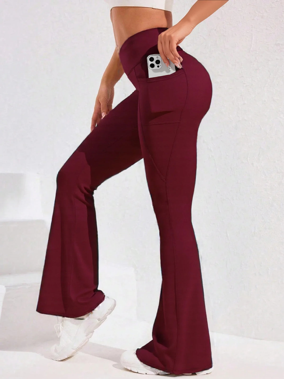 Calça Legging Yoga Feminina Cintura Alta Flare com Bolso Empina Bumbum Calça de Corrida Perna Larga Calça para Academia Esportes ao Ar Livre Ciclismo