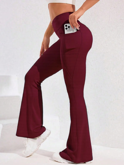 Calça Legging Yoga Feminina Cintura Alta Flare com Bolso Empina Bumbum Calça de Corrida Perna Larga Calça para Academia Esportes ao Ar Livre Ciclismo