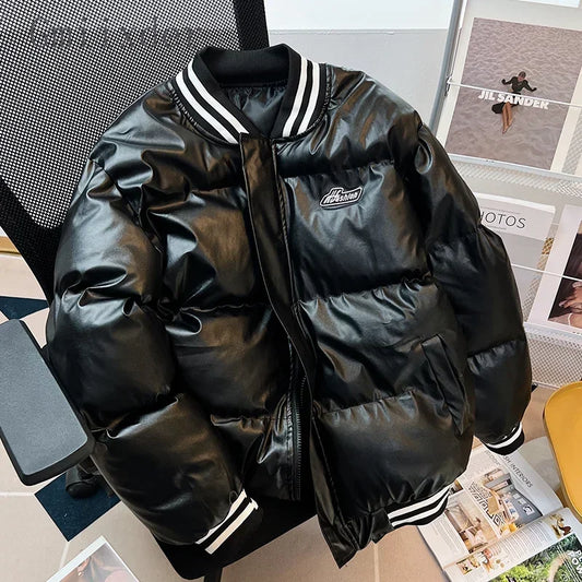 Gmiixder American Baseball Uniform PU Bomber Jacket Hip Hop Thickened Stand Collar Parkas Loose Versatile Couple Winter Coat