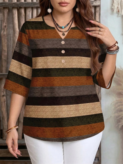 Blusa Plus Size Feminina Listrada com Botões e Meia Manga, Perfeita para Uso Casual