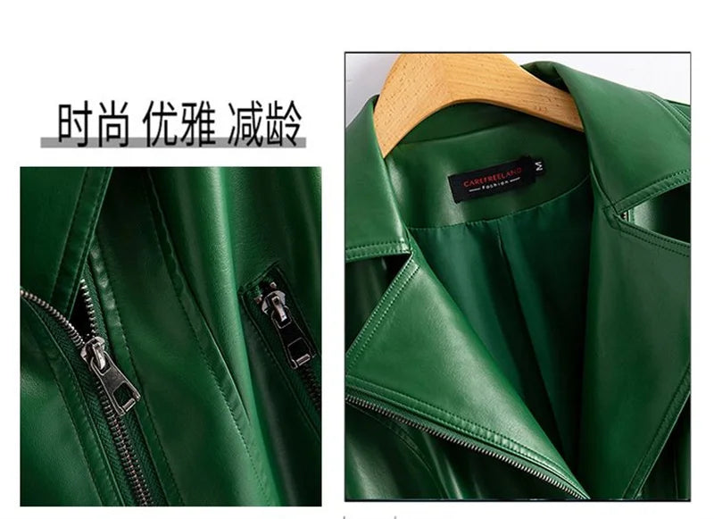 Jaqueta de couro legítimo feminina estilo streetwear, segunda camada em pele de carneiro, casaco curto, outono inverno, verde, motoqueira, agasalho casual