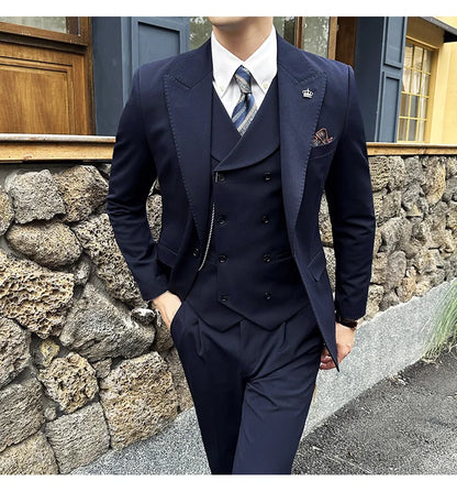 (Jackets+Pants+Vest) High Quality Men Slim Fit Party Tuxedos 3 Pieces Fashion Double Breasted Vest Design Wedding Social Suit