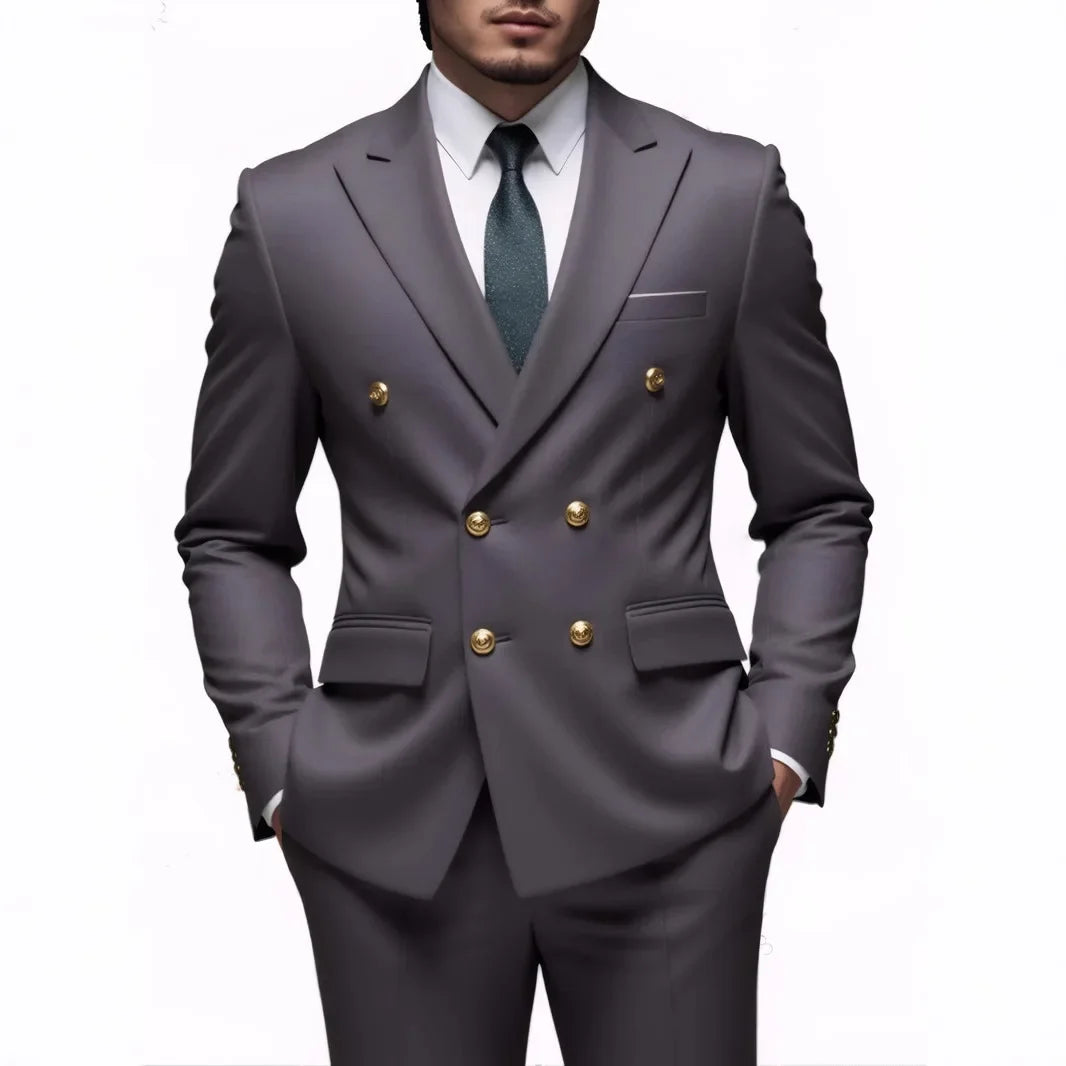 Moda Novos Homens Lazer Boutique Negócios Banquete Cor Sólida Casamento Terno Slim Fit Abotoamento Duplo Blazers Calças
