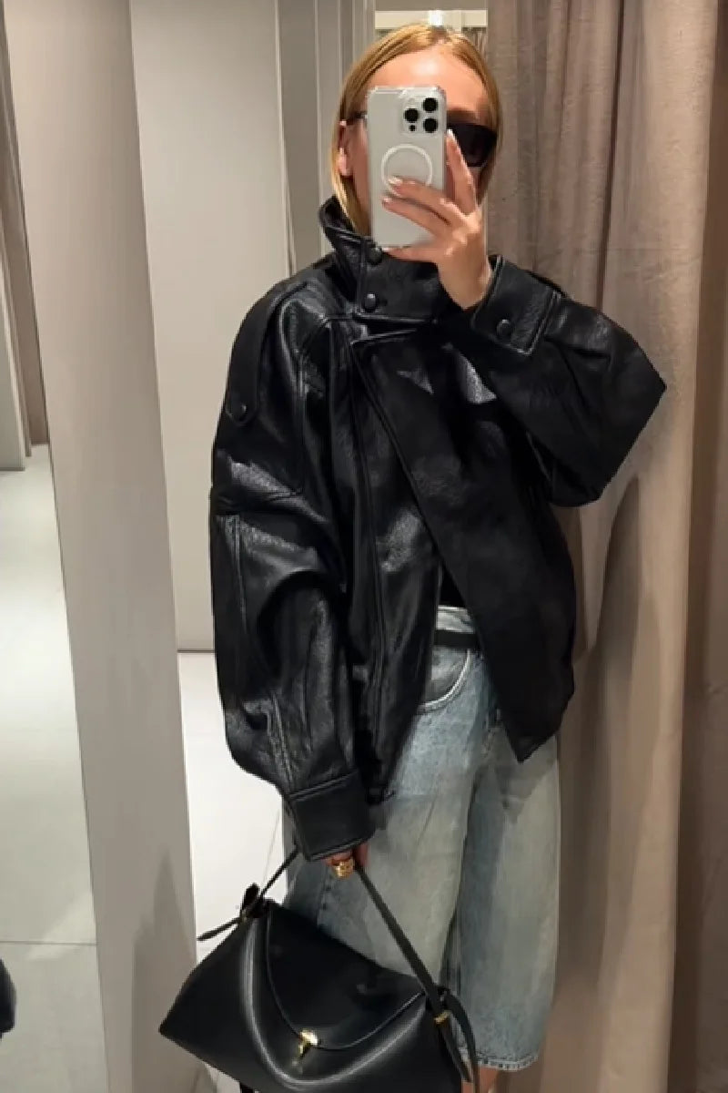 Spring Summer 2026 New Fashion Lapel Leather Jacket Women's Loose Outerwear Black Motorcycle Style Top