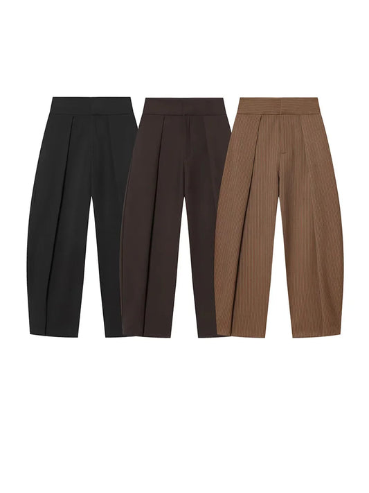 HH Women Elegant Vintage Pleated Balloon Version Trousers Female Zipper High Street Loose Pockets 3-color Spring Pants Mujer