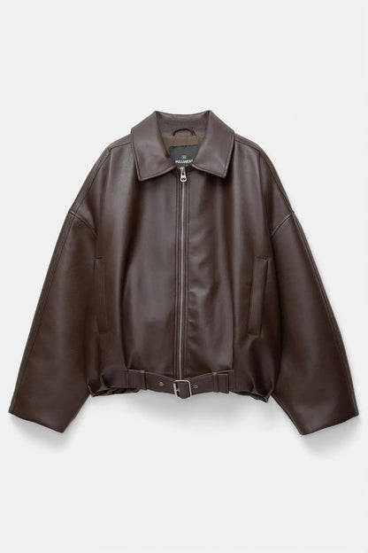 Jaqueta de Couro Feminina KIDCRKJ Moda Primavera com Gola Entalhada, Zíper, Manga Longa, Casaco Feminino de PU com Amarração, Sobretudo Solto