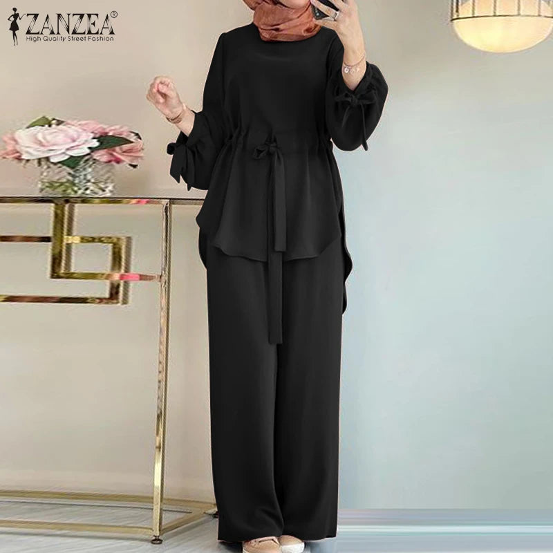 ZANZEA Muslim Women Matching Sets Long Sleeve Solid Color Tops And Loose Pant Suits Elegant Fashion Casual Tracksuit Kaftan 2025