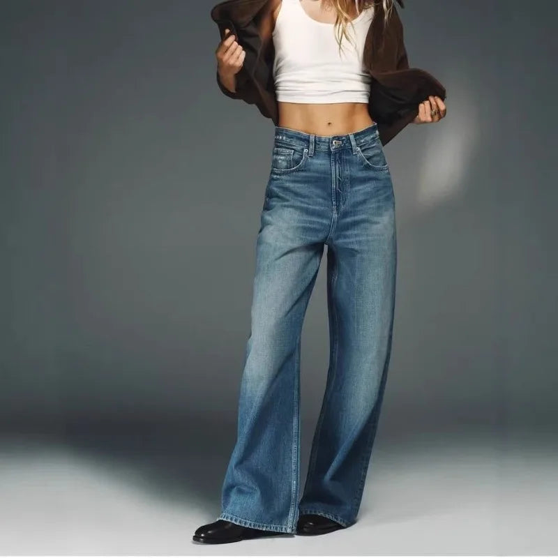 Deeptown Baggy Women Blue Jeans Vintage Casual PU Leather Brown Patchwork Straight Denim Trousers Classic Basic Chic Female Jean