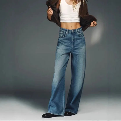 Deeptown Baggy Women Blue Jeans Vintage Casual PU Leather Brown Patchwork Straight Denim Trousers Classic Basic Chic Female Jean