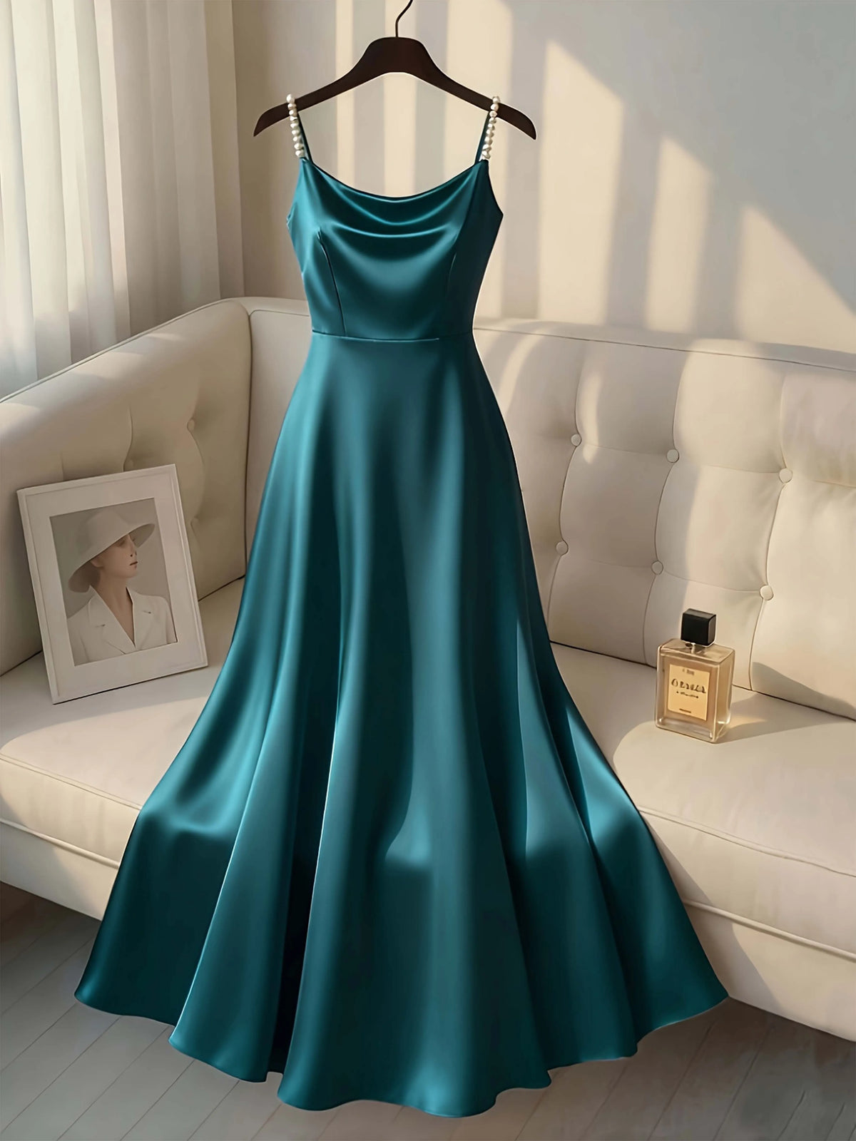 Vestido Retrô de Cetim com Alça de Pérolas. De Design Simples, Estiloso e Elegante, Ideal para Festas, Casamentos, Encontros e o Dia a Dia.