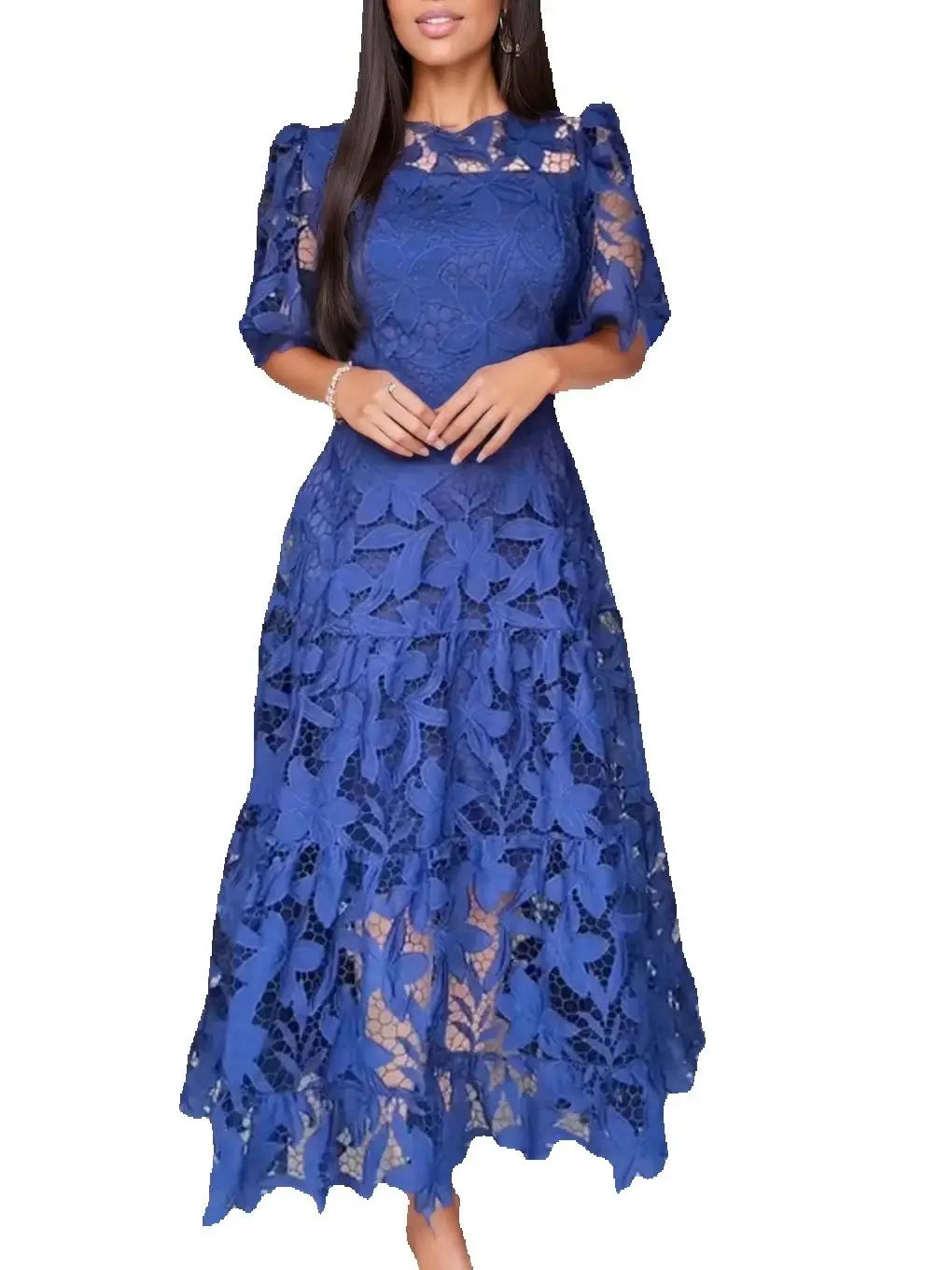 Vestido longo formal plus size, de renda sexy, vazado, com barra mullet e mangas curtas, azul royal