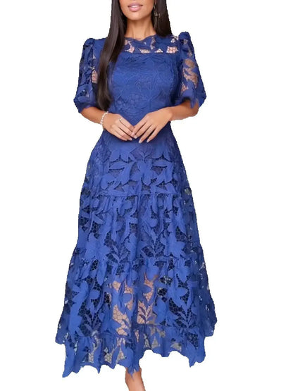 Vestido longo formal plus size, de renda sexy, vazado, com barra mullet e mangas curtas, azul royal