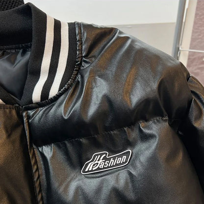 Gmiixder American Baseball Uniform PU Bomber Jacket Hip Hop Thickened Stand Collar Parkas Loose Versatile Couple Winter Coat