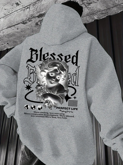 Moletom Masculino Aesthetic com Capuz Angel Hip Hop Esportivo Streetwear Blessed Vintage Estampa de Querubim Casual Solto Pulôver Blusa