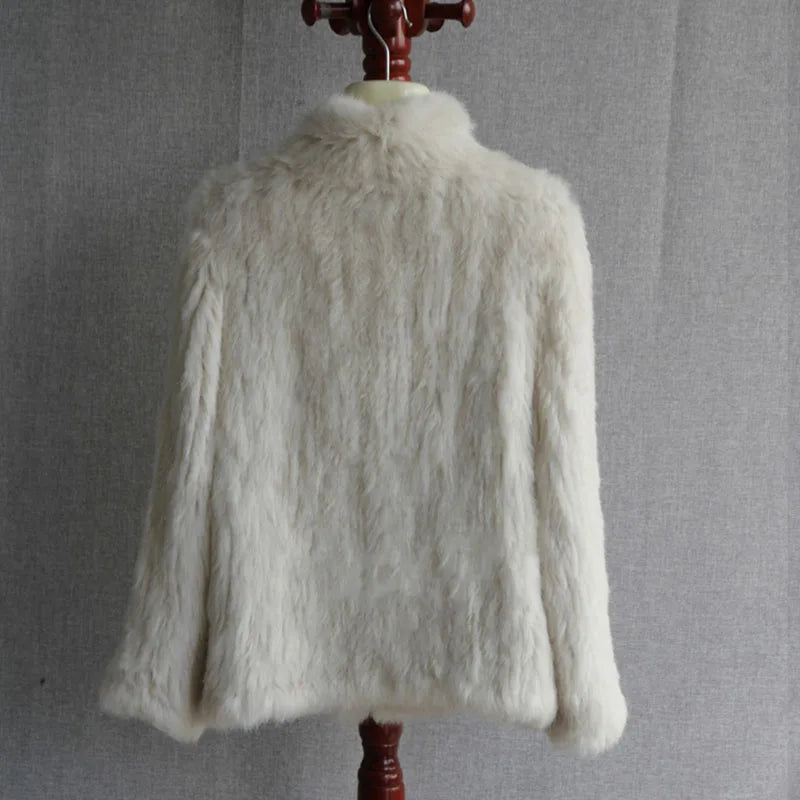 Women Winter Real Rabbit Fur Knitted Coat Female Casual Long Sleeve Genuine Fur Jacket Warm Thick Outwear Femme