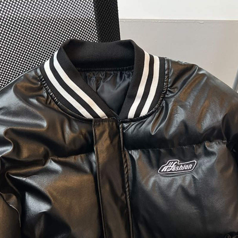 Gmiixder American Baseball Uniform PU Bomber Jacket Hip Hop Thickened Stand Collar Parkas Loose Versatile Couple Winter Coat