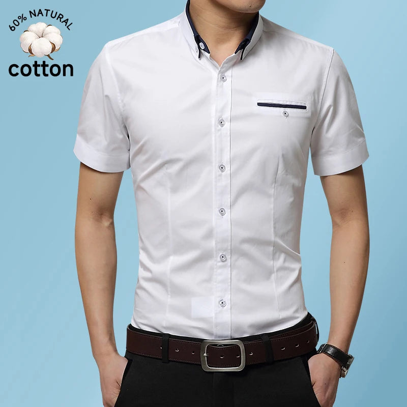 2026 New Summer Cotton Business Men's Short Sleeved Shirt Pocket Lapel Thin Formal Suit Dress Shirts Male Brand Clothing