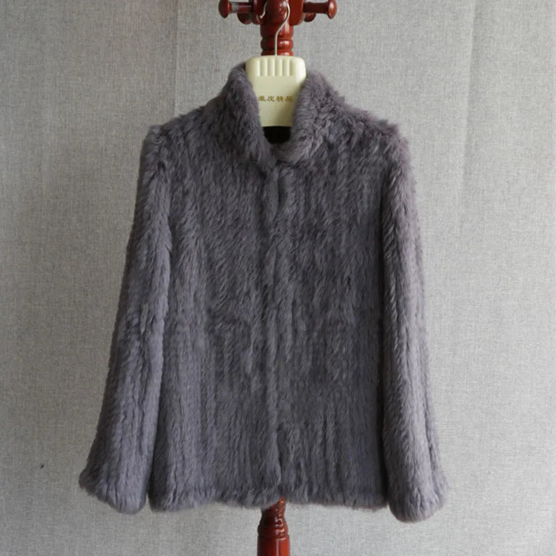 Women Winter Real Rabbit Fur Knitted Coat Female Casual Long Sleeve Genuine Fur Jacket Warm Thick Outwear Femme