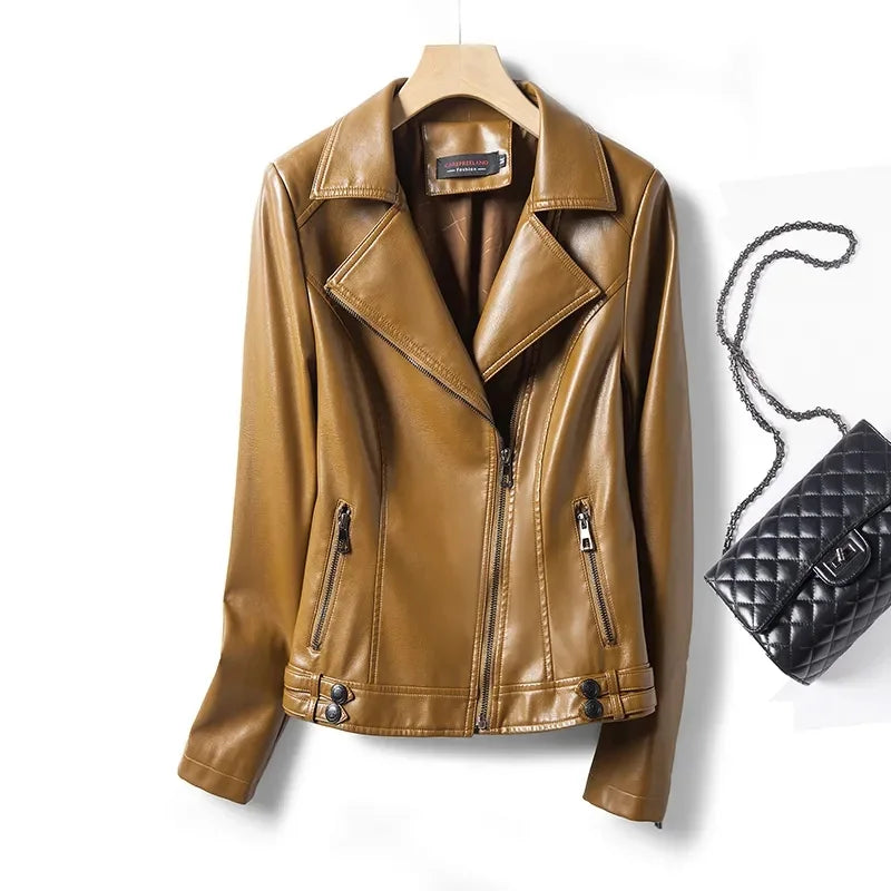 Jaqueta de couro legítimo feminina estilo streetwear, segunda camada em pele de carneiro, casaco curto, outono inverno, verde, motoqueira, agasalho casual
