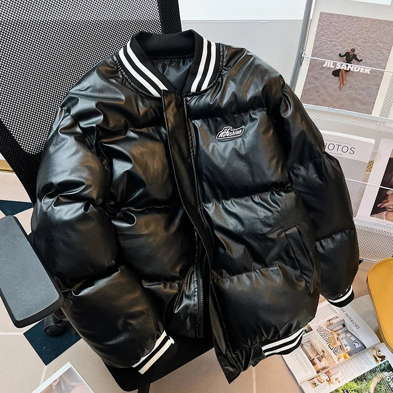 Gmiixder American Baseball Uniform PU Bomber Jacket Hip Hop Thickened Stand Collar Parkas Loose Versatile Couple Winter Coat