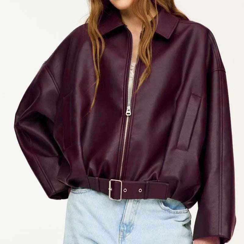 Jaqueta de Couro Feminina KIDCRKJ Moda Primavera com Gola Entalhada, Zíper, Manga Longa, Casaco Feminino de PU com Amarração, Sobretudo Solto