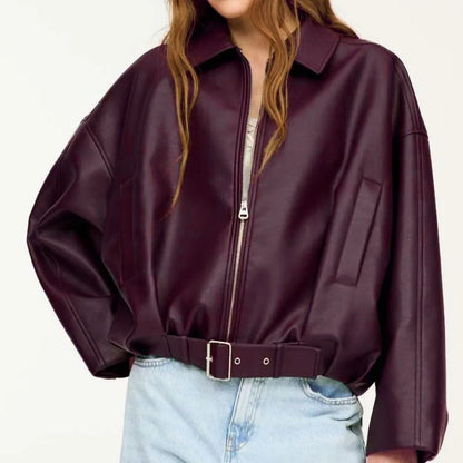 Jaqueta de Couro Feminina KIDCRKJ Moda Primavera com Gola Entalhada, Zíper, Manga Longa, Casaco Feminino de PU com Amarração, Sobretudo Solto