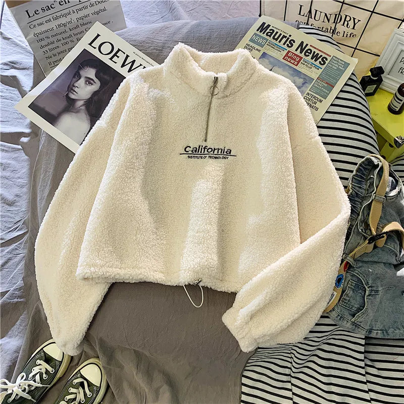 Moletom Feminino de Gola Alta com Capuz e Recorte, Outono com Bordado de Letras, Manga Longa, Cordão e Pelúcia Elegante