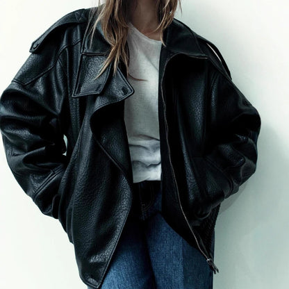 Spring Summer 2026 New Fashion Lapel Leather Jacket Women's Loose Outerwear Black Motorcycle Style Top