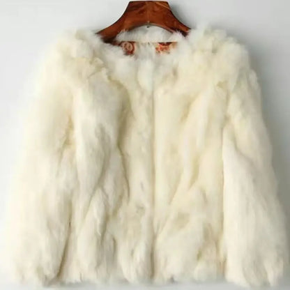 2024 New Women's Real Fur Coat High-waist Round Collar Cardigan Long-sleeved Slim Fit  Rabbit   Jacket Women T197