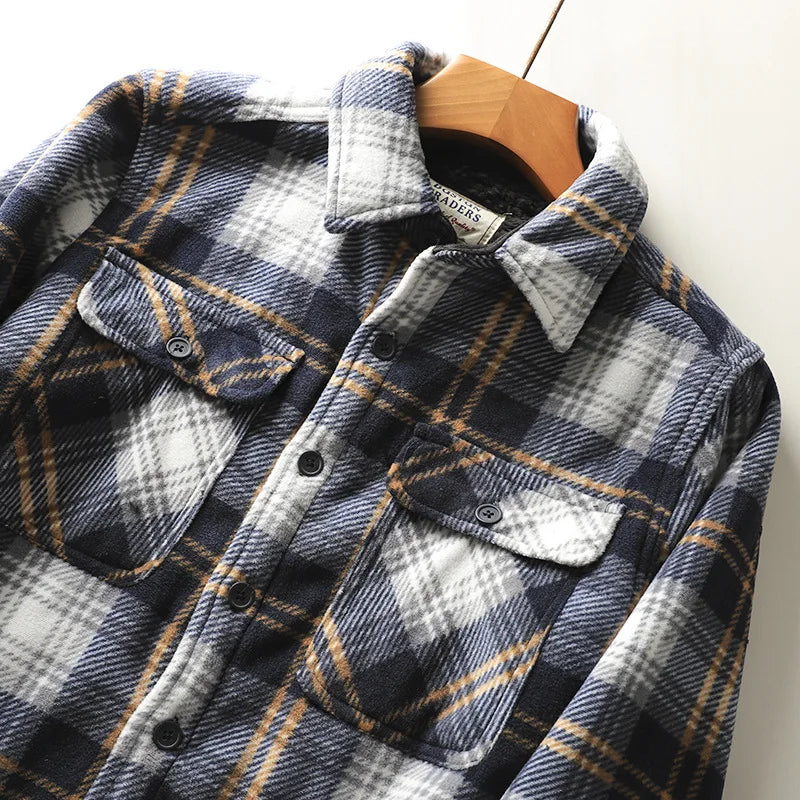 Autumn Winter Men's Fleece Linend Warm Shirt Jackets Thickened Long Sleeve Flannel Checked Shirts Vintage Casual Men Shirt Coats