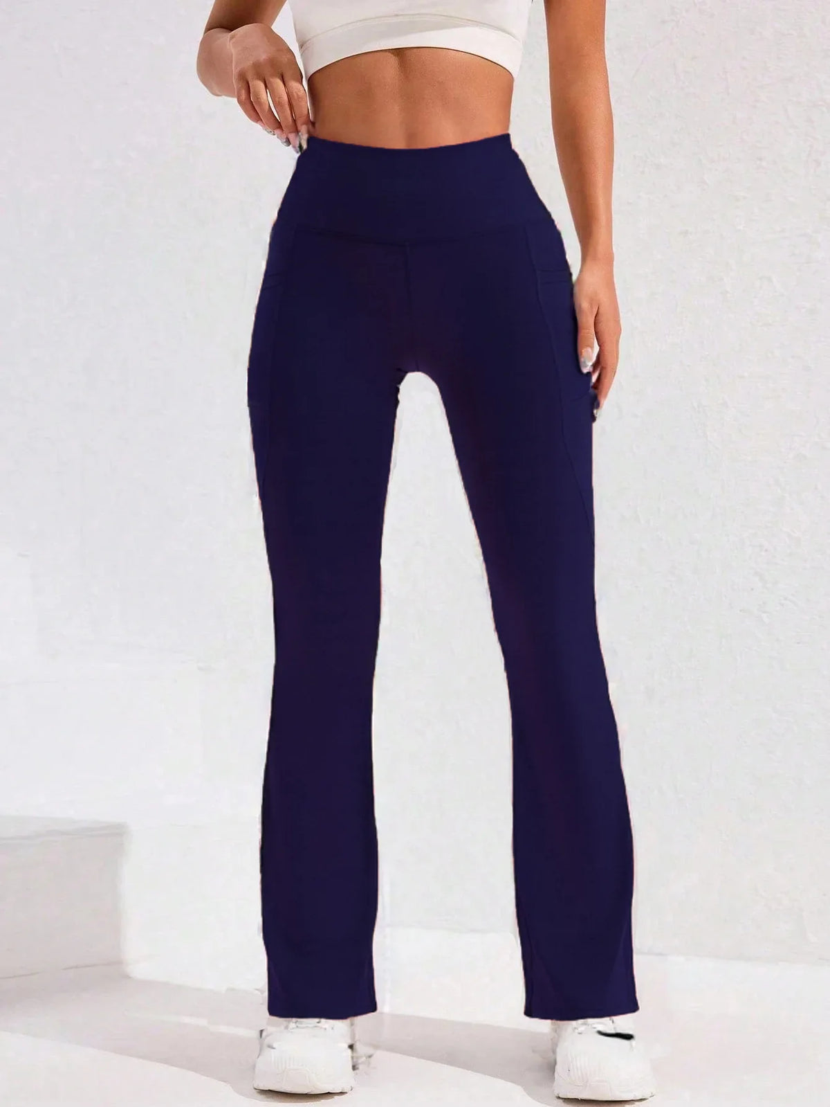 Calça Legging Yoga Feminina Cintura Alta Flare com Bolso Empina Bumbum Calça de Corrida Perna Larga Calça para Academia Esportes ao Ar Livre Ciclismo