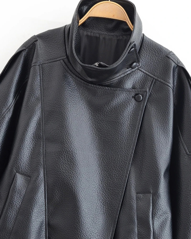 Spring Summer 2026 New Fashion Lapel Leather Jacket Women's Loose Outerwear Black Motorcycle Style Top